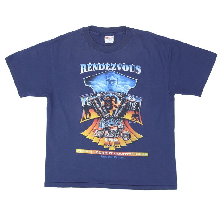 Vintage Harley Annual Rendezvous T-Shirt Single Stitch Made In USA Navy Blue L