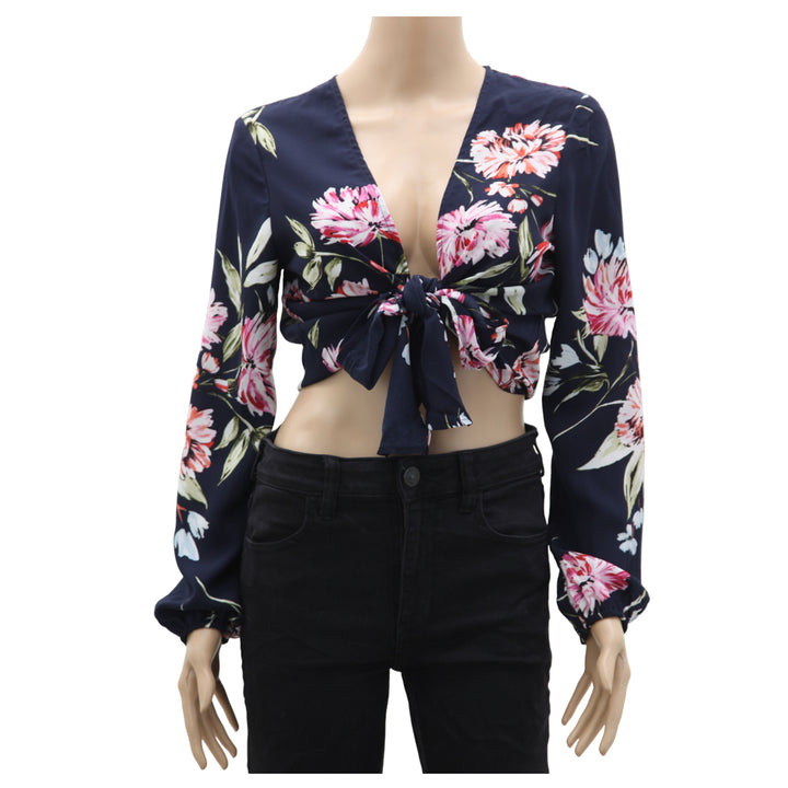 Ladies Floral Front Tie Long Sleeve Top