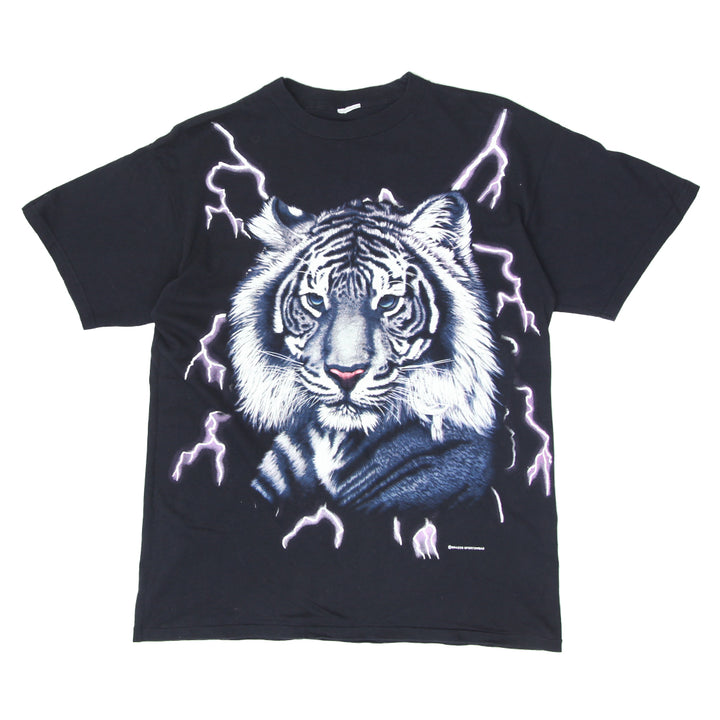 Vintage USA Thunder White Tiger Lightning AOP T-Shirt Black L