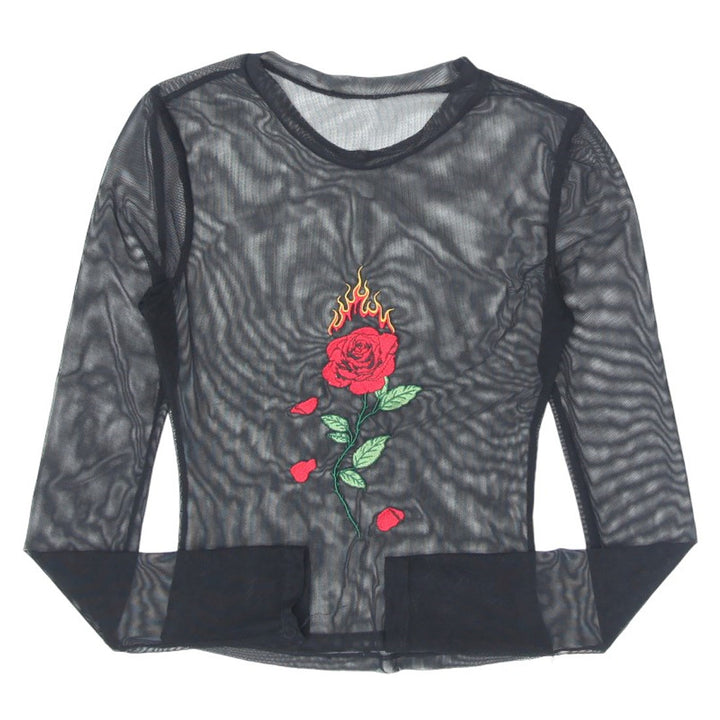 Ladies Embroidered Mesh Black Long Sleeve Top