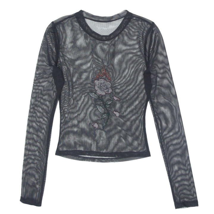 Ladies Embroidered Mesh Black Long Sleeve Top