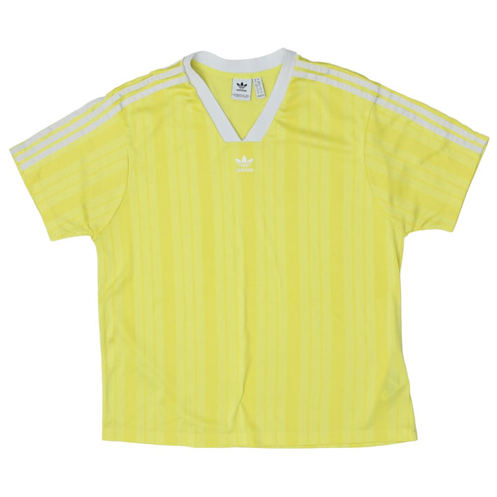 Ladies Adidas Trefoil Embroidered White Stripes Yellow V-Neck T-Shirt