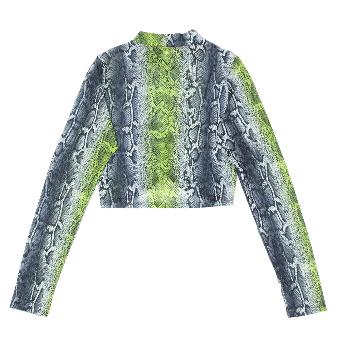 Ladies Snakeskin Mesh Long Sleeve Crop Top