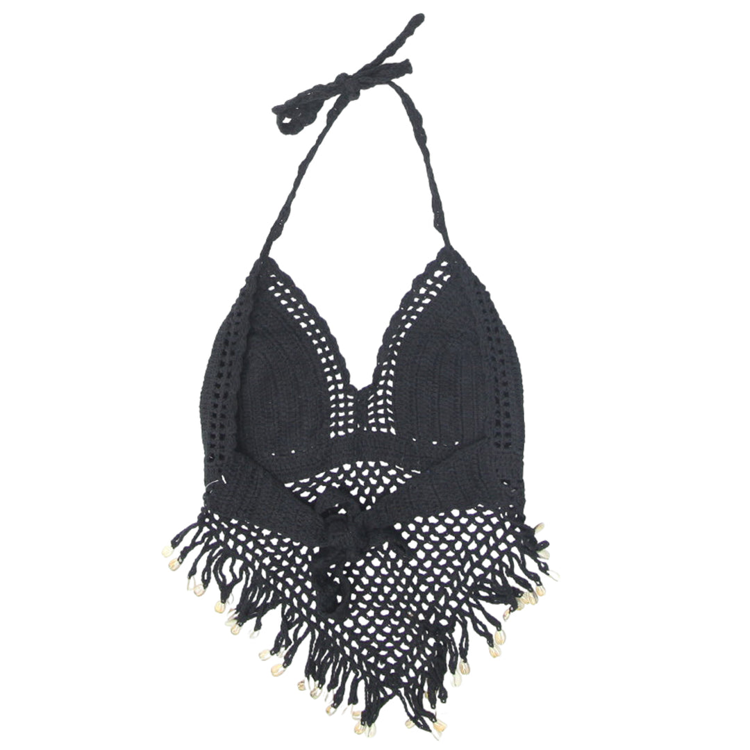 Y2K Crochet Halter Shell Black Crop Top