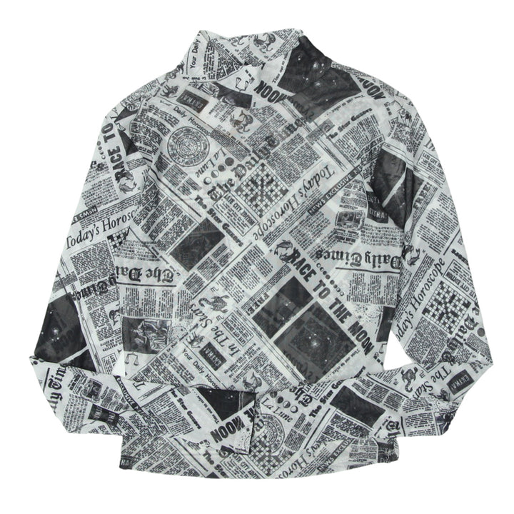 Y2K Mesh Newspaper Print Long Sleeve Top