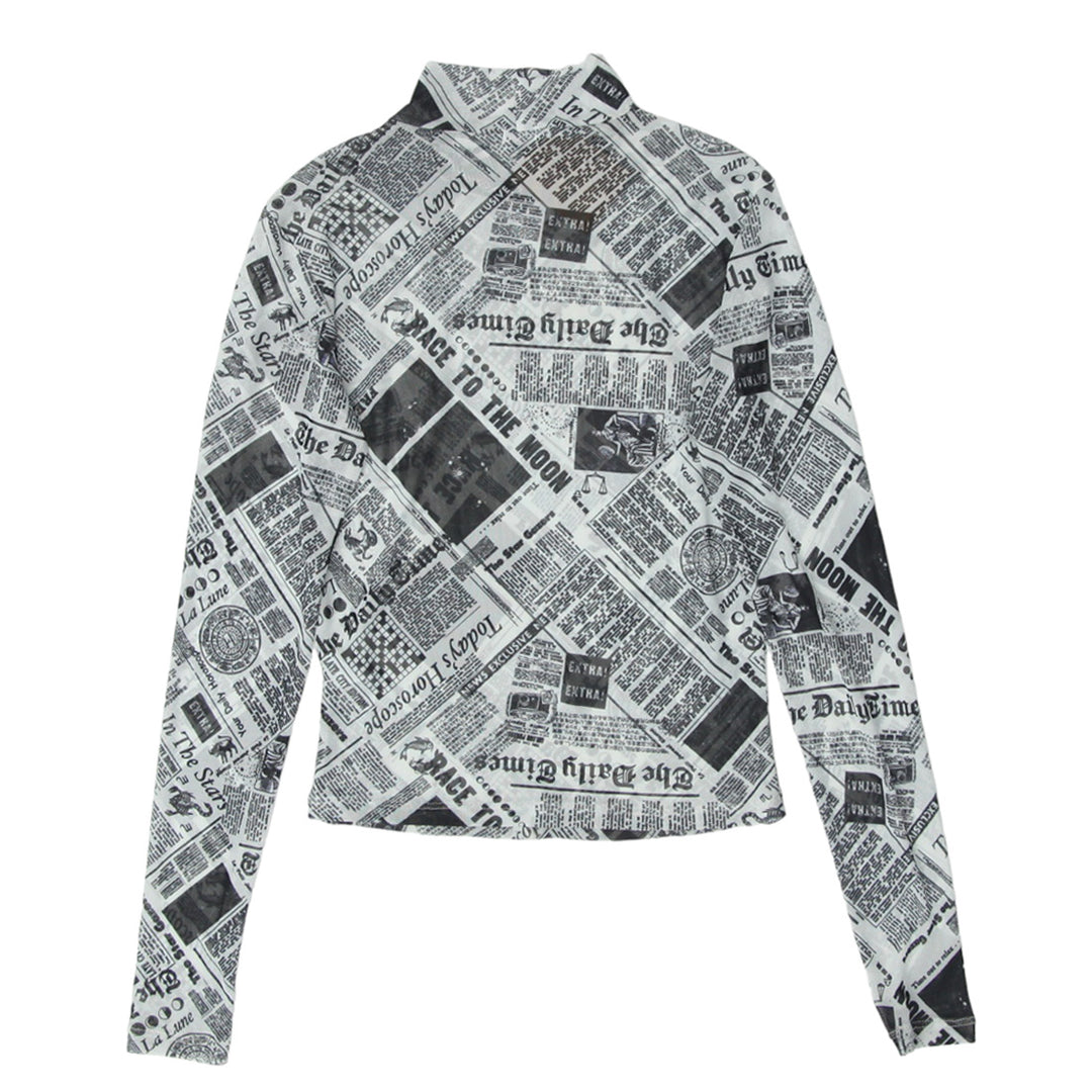 Y2K Mesh Newspaper Print Long Sleeve Top