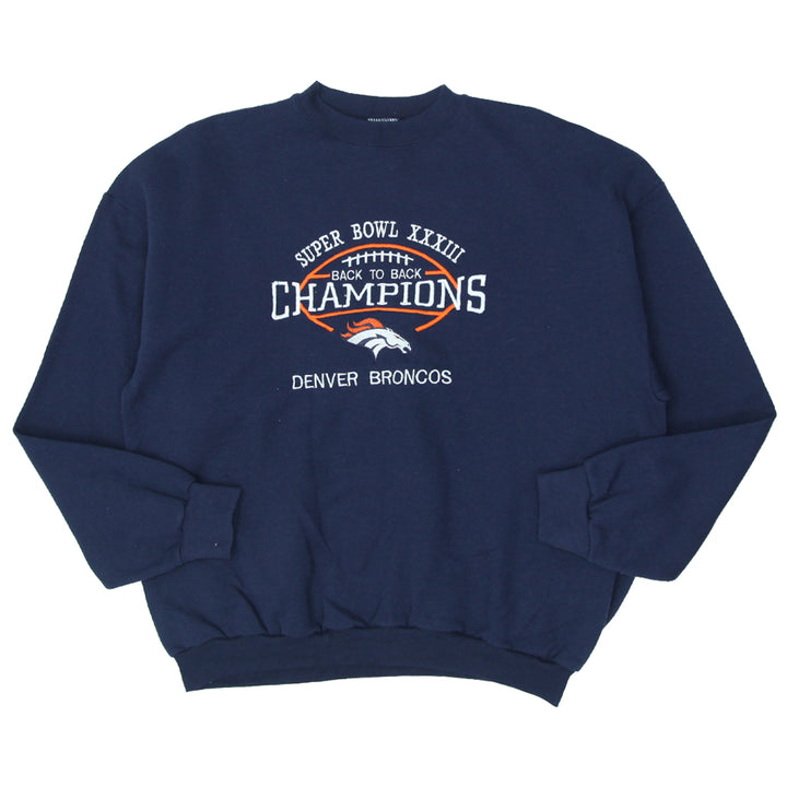 Vintage Logo 7 Denver Broncos Super Bowl XXXIII Back to Back Champions Sweatshirt Navy Blue XL