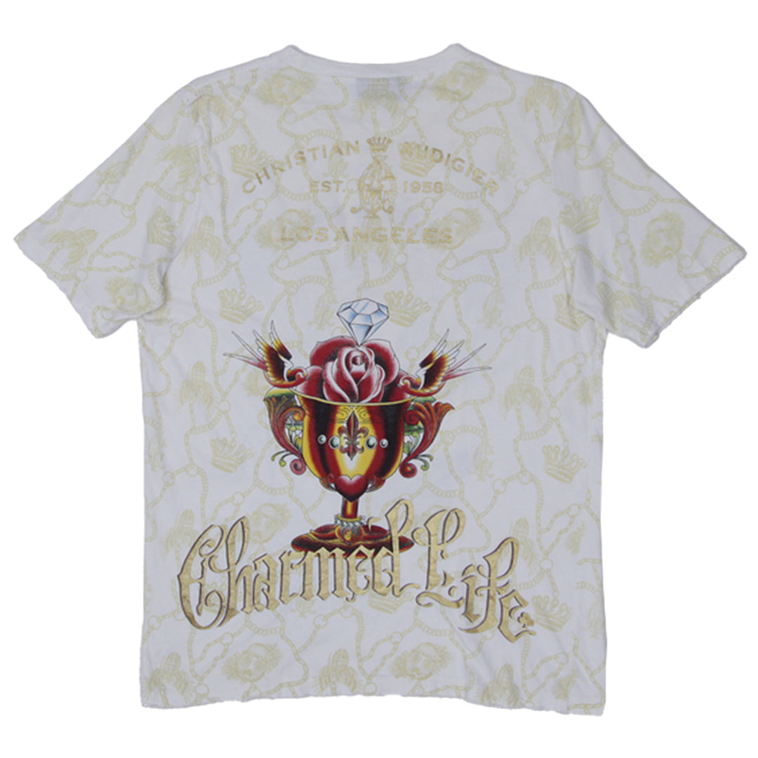 Mens Y2K Christian Audigier Charmed Life Skull Stoned AOP T-Shirt