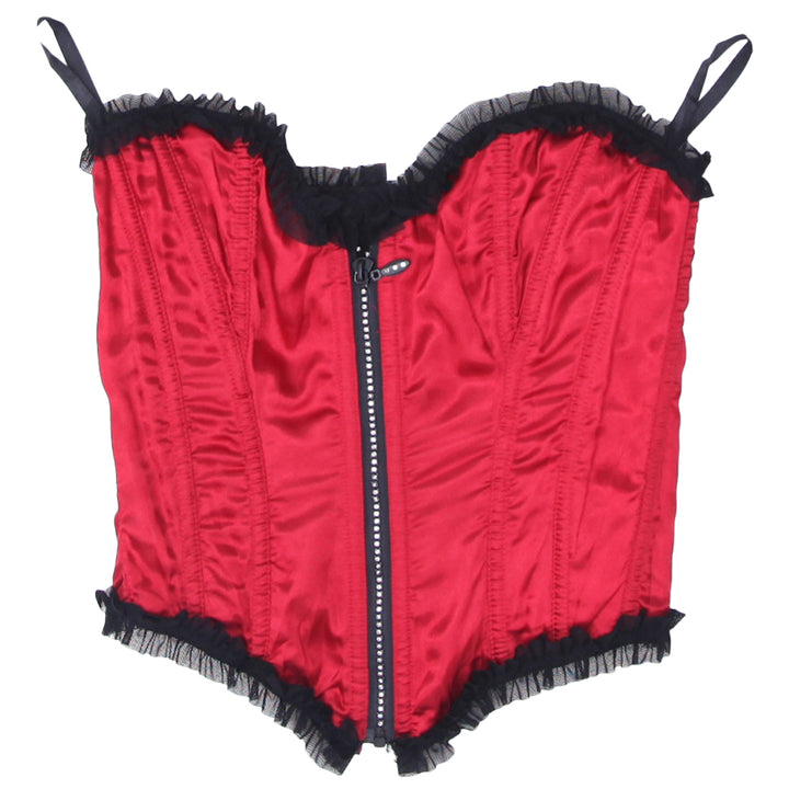 Y2K Strapless Lace Detailed Full Zip Satin Corset Red