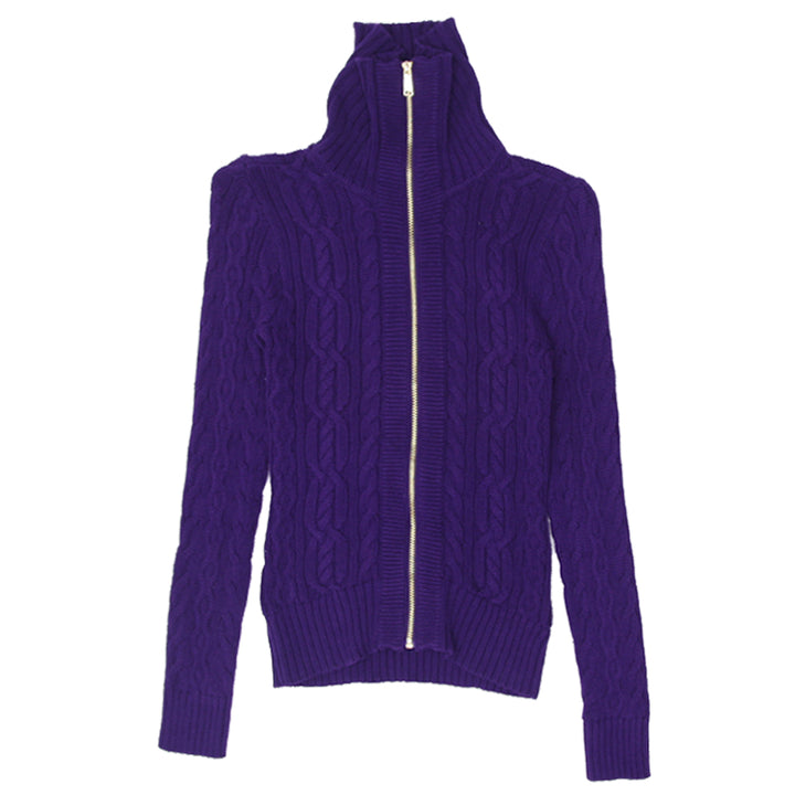 Ladies Lauren by Ralph Lauren Full Zip High Neck Cable Knit Sweater Purple