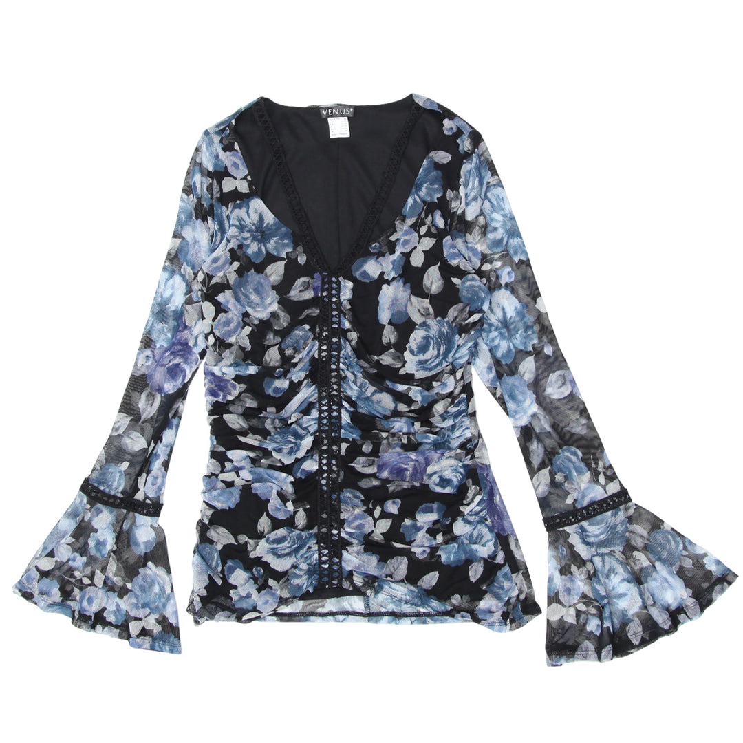 Y2K Mesh Floral Ruched Long Sleeve Top