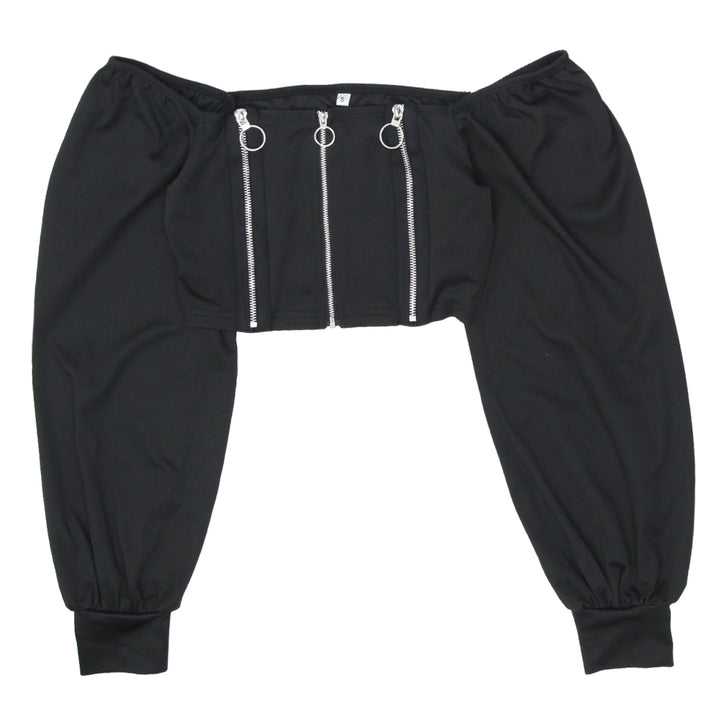 Ladies Front Zip Black Long Sleeve Crop Top