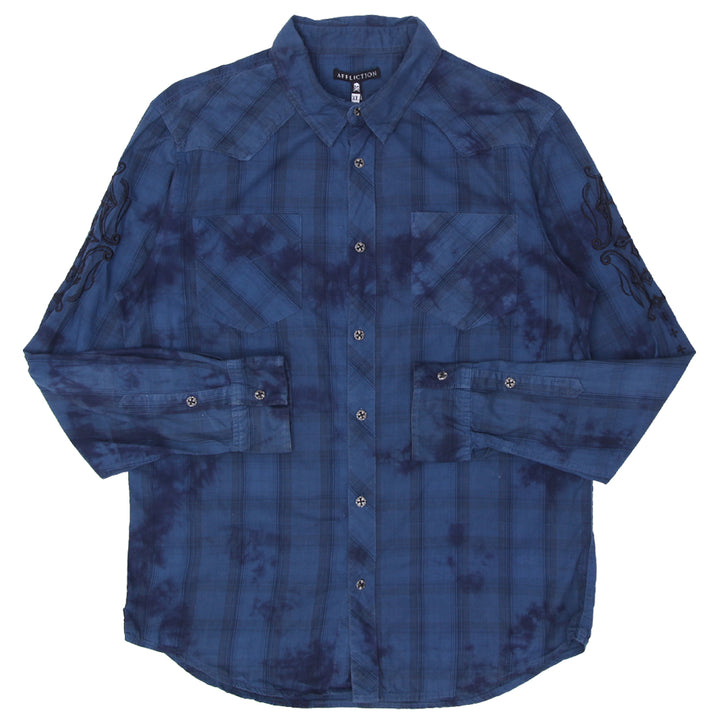 Mens Y2K Affliction Plaid Embroidered Long Sleeve Shirt