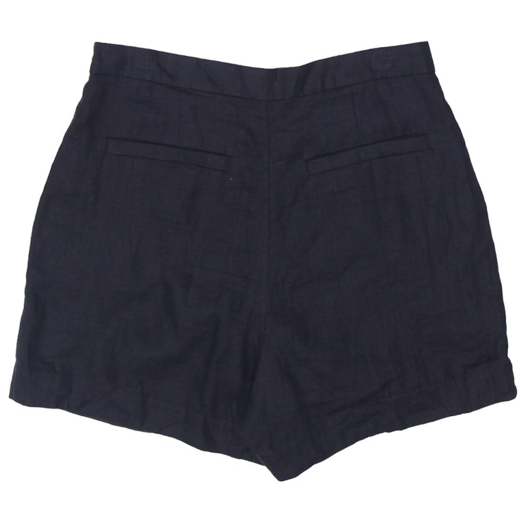 Ladies Aqua Blu Pleated High Waist Black Linen Shorts