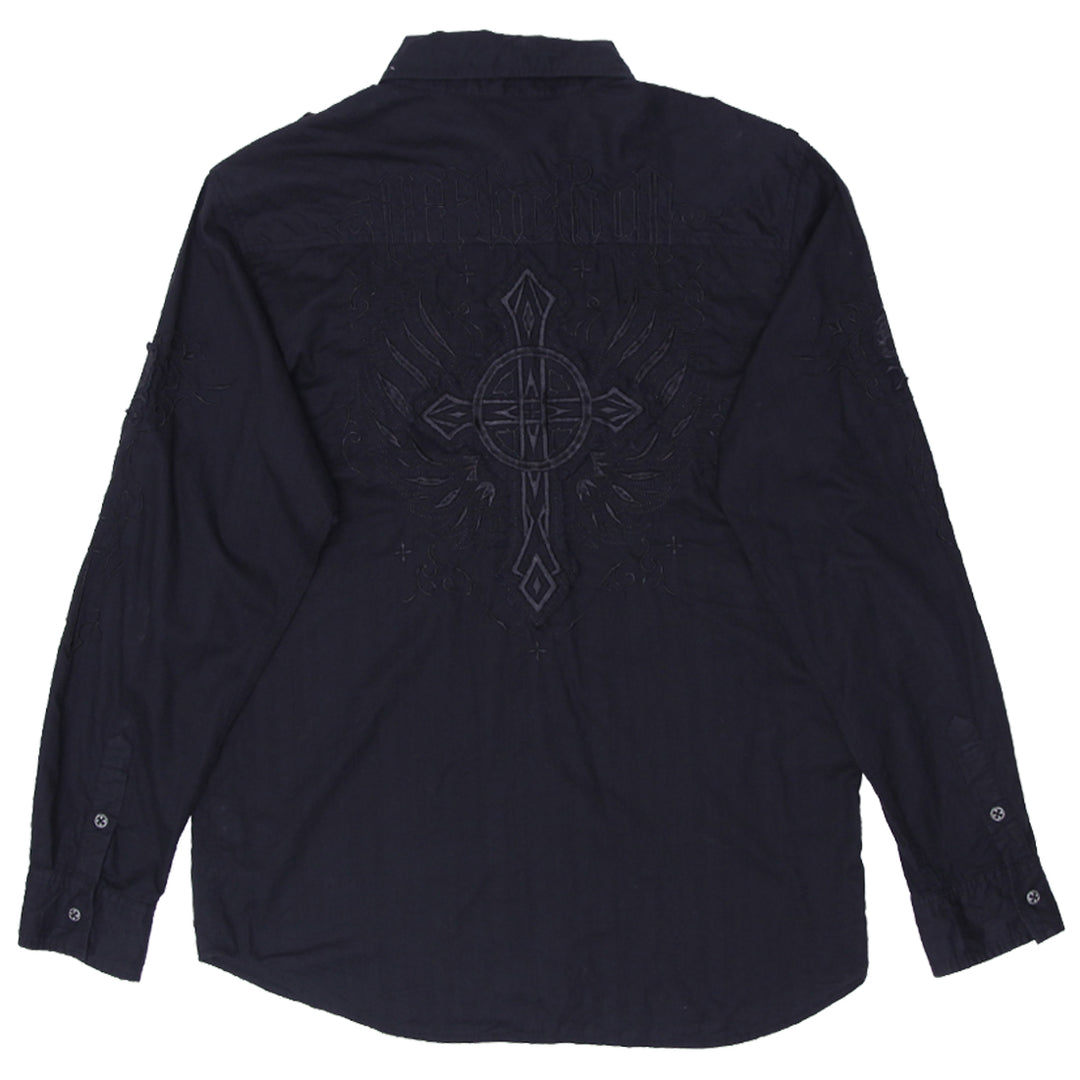 Mens Y2K Affliction Cross Embroidered Black Long Sleeve Shirt