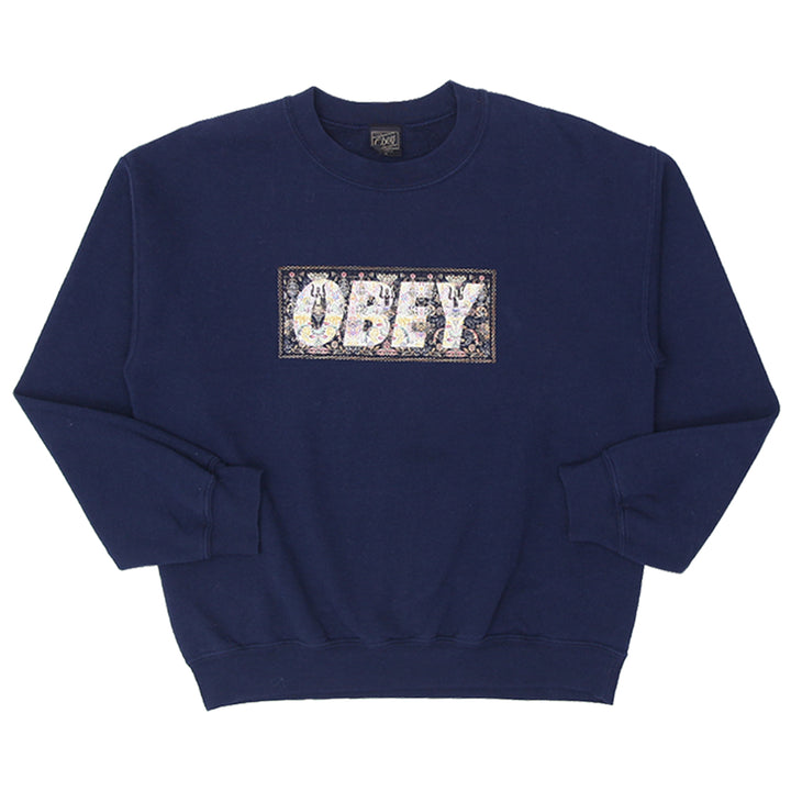 Mens Obey Floral Logo Crewneck Sweatshirt Navy Blue