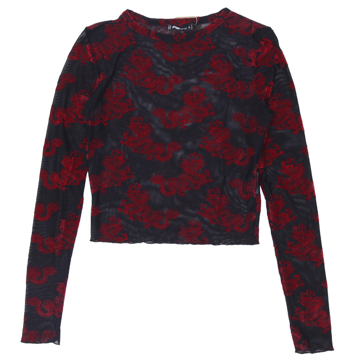 Y2K Mesh Dragon Felt Print Long Sleeve Top