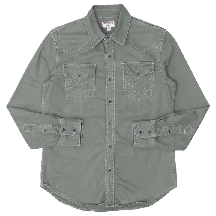 Mens True Religion Button Down Long Sleeve Shirt Green