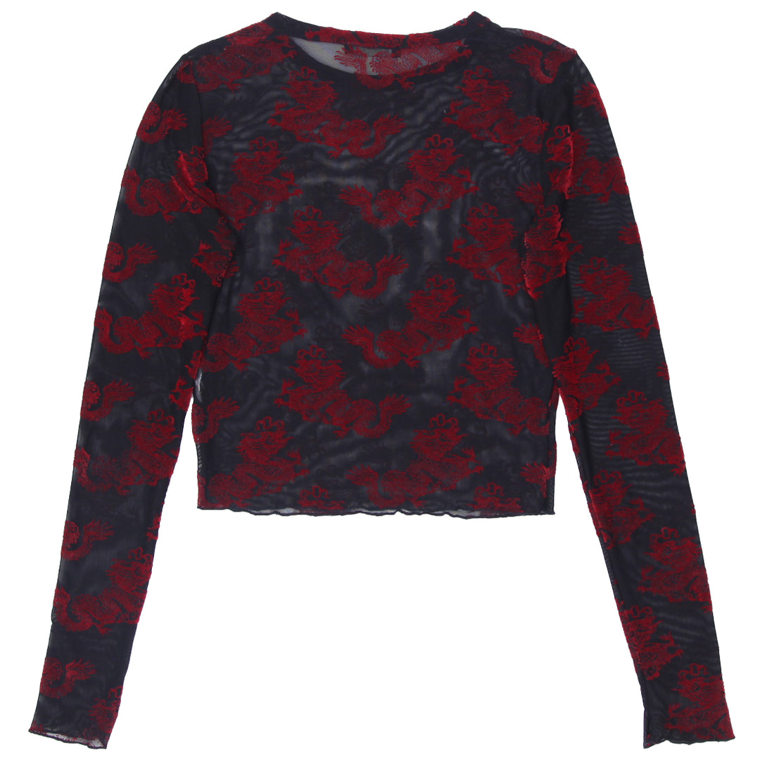 Y2K Mesh Dragon Felt Print Long Sleeve Top