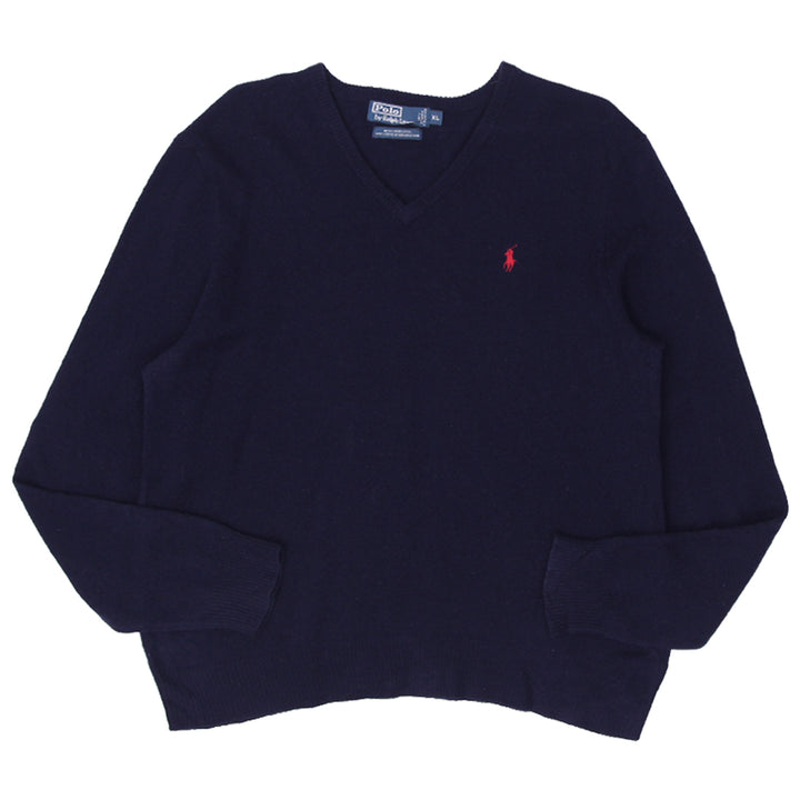 Vintage Polo Ralph Lauren 100% Lambs Wool V-Neck Sweater XL Navy Blue