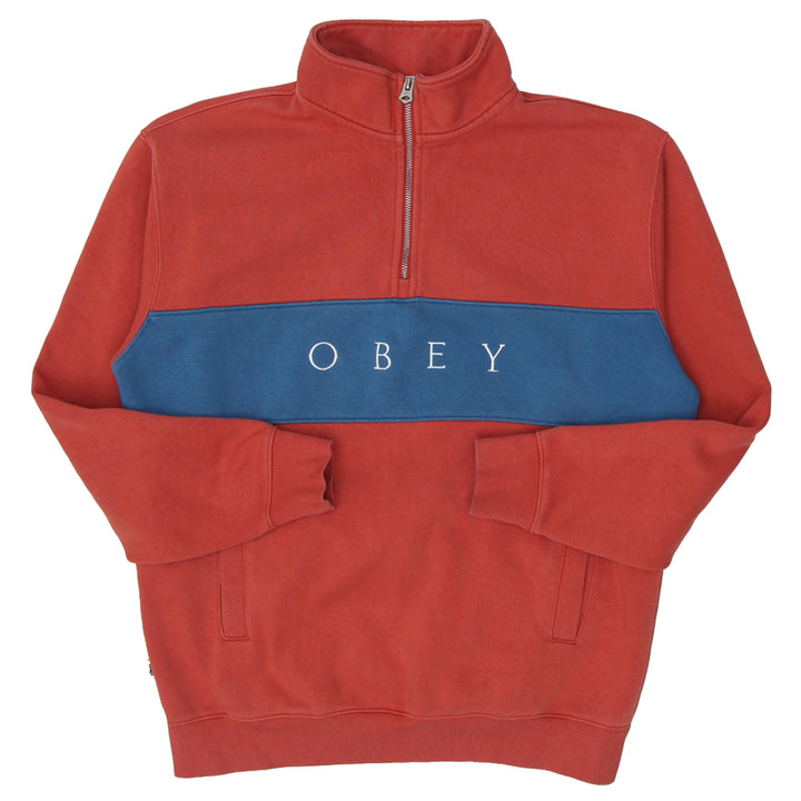 Mens Embroidered Obey Quarter Zip Sweatshirt